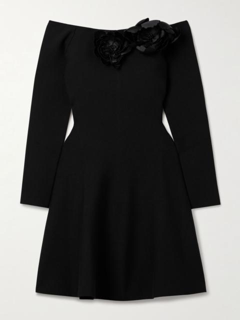 Oscar de la Renta Off-the-shoulder embellished appliquéd stretch-jersey mini dress Black