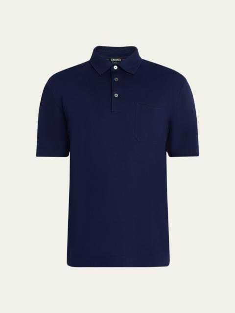 ZEGNA Men's Pique Polo Shirt with Leather-Trim Pocket