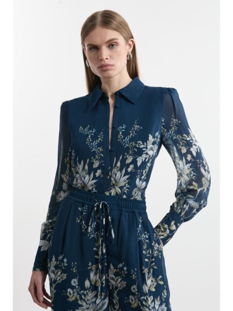 KAREN MILLEN Petite Border Print Viscose Piped Woven Shirt Balloon Sleeve Shirt