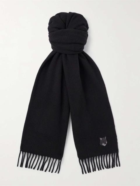 Logo-Embroidered Fringed Wool Scarf