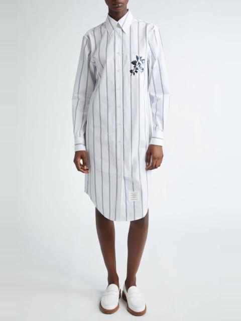 Thom Browne Floral Embroidered Stripe Long Sleeve Cotton Shirtdress