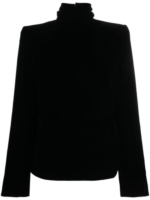 high-neck velvet blouse