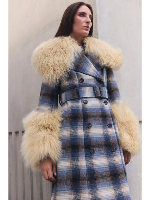 KAREN MILLEN Wool & Shearling Check Tailored Double Breasted Belted Midi Coat