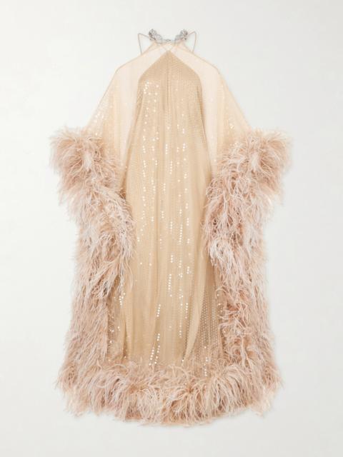 Taller Marmo Sza Sza Disco Embellished Feather-trimmed Tulle Gown