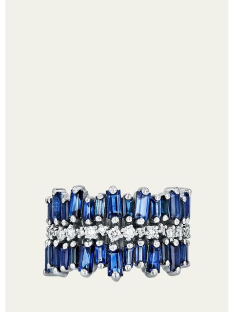 SUZANNE KALAN 18K White Gold Double Row Halfway Band with Blue Sapphire Baguettes and White Diamonds