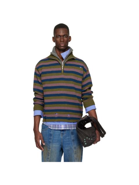 Andersson Bell Blue & Gray Double Layered Stripe Half Zip-Up Sweater