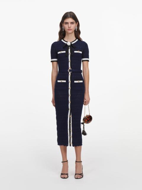 self-portrait Navy Pointelle Knit Midi Dress