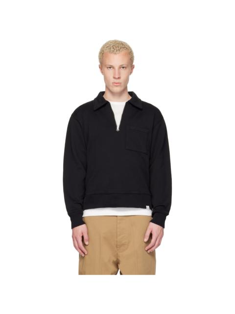 Merz b. Schwanen Black Authentic Fleece Polo Collared Half-Zip Cotton Sweatshirt