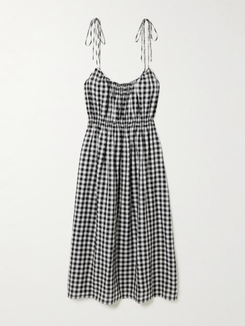 DÔEN Leslie Tie-detailed Smocked Gingham Voile Midi Dress