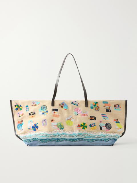 STAUD Christos Large Leather-trimmed Embroidered Bead-embellished Canvas Tote