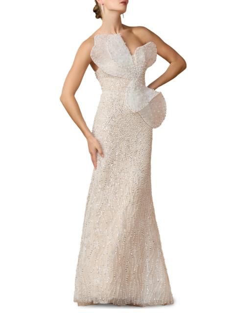 MAC DUGGAL Women's Bow-Detail Bead-Embellished Organza Strapless Gown - Ivory Beige