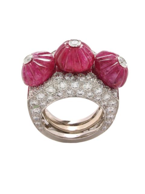 DAVID WEBB Ruby Diamond Couture Triple Crown Ring