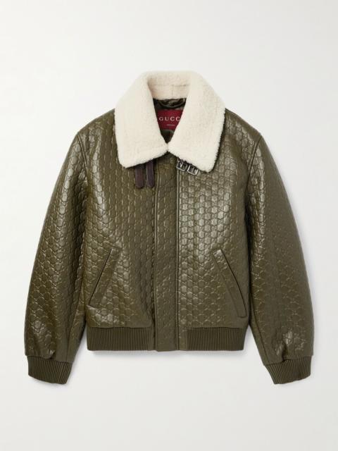 GUCCI Shearling-Trimmed Logo-Debossed Leather Jacket Army green
