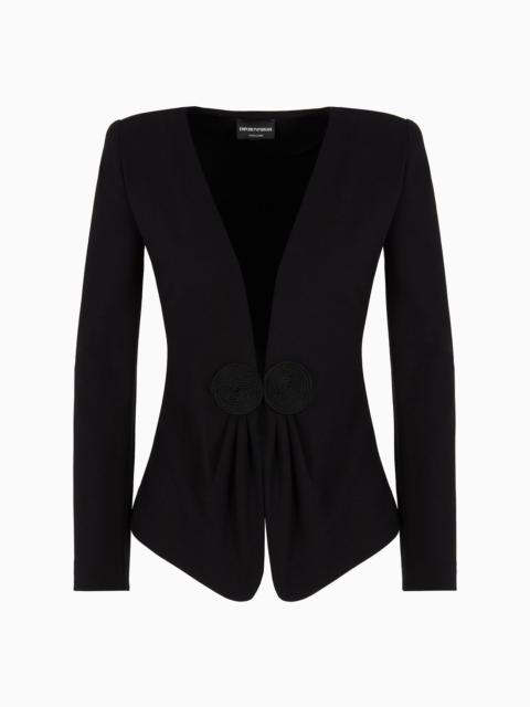 V-neck jacket in stretch Milano-stitch fabric with a cordonnet patch