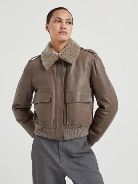 Country nappa leather padded outerwear jacket with detachable shearling collar and monili