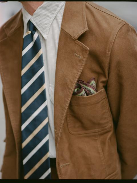 Drake's Navy, White and Sand Stripe Mogador Cotton-Silk Tipped Tie