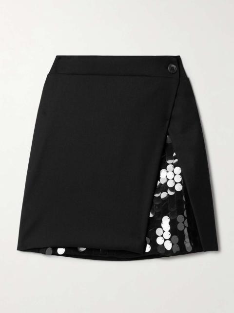 16ARLINGTON Noelia twill and paillette-embellished tulle mini wrap skirt Black