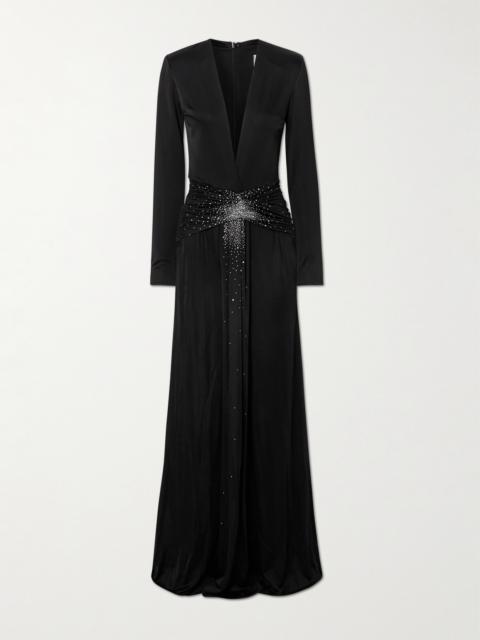 THE NEW ARRIVALS ILKYAZ OZEL Azure Crystal-embellished Gathered Stretch-jersey Gown