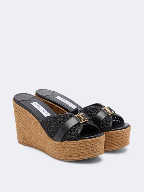 JIMMY CHOO Leda leather-trimmed raffia wedge mules