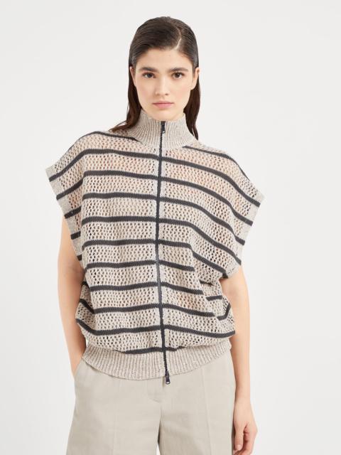 【★エレガント★】Brunello Cucinelli ☆ ニットグラブ Brunello Cucinelli Linen dazzling striped net cardigan