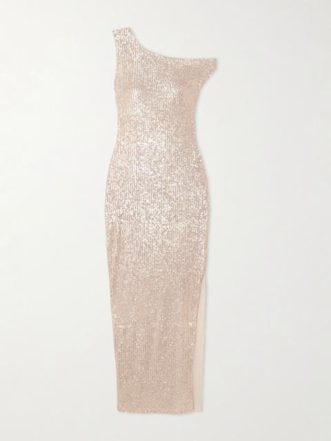 NORMA KAMALI One-shoulder sequined stretch-mesh maxi dress Gold