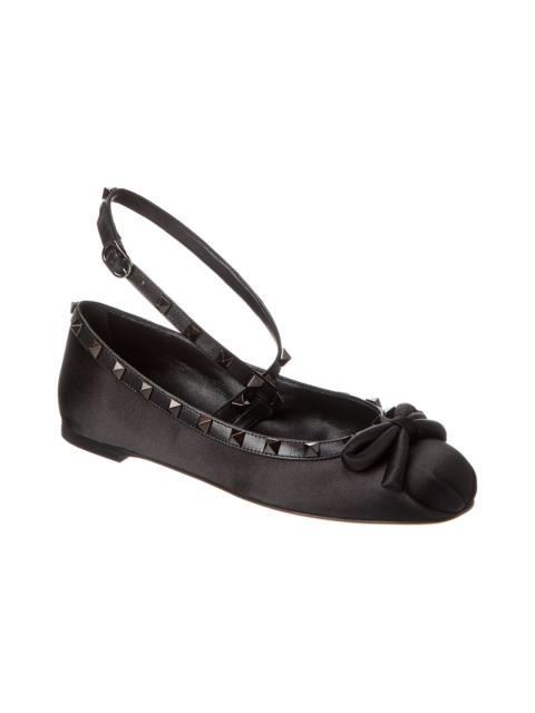 Valentino Rockstud Satin & Leather Ankle Strap Ballerina Flat