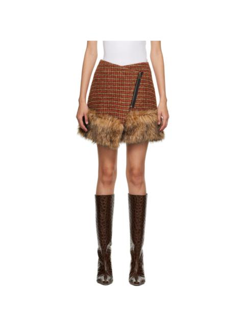 Andersson Bell Orange & Brown Check Faux-Fur Miniskirt