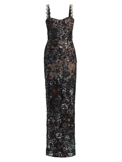 BRONX BANCO Women's Dahlia Embellished Floral-Sequined Maxi Dress - Black