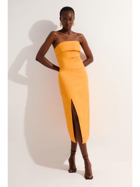 KAREN MILLEN Petite Premium Linen Structured Pleated Bandeau Tailored Midi Pencil Dress