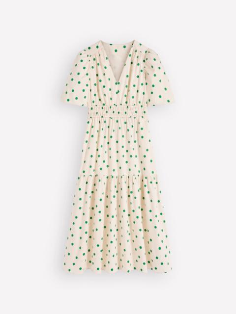 BODEN Irene Puff Sleeve Cotton Dress-Ivory Green Spot