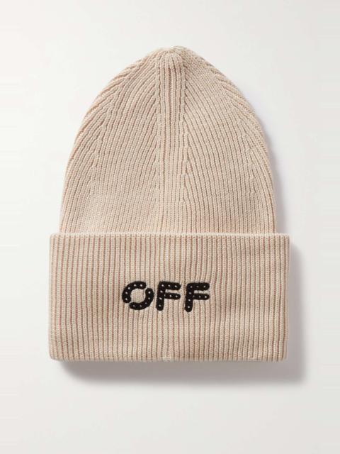 Embroidered ribbed cotton and cashmere-blend beanie