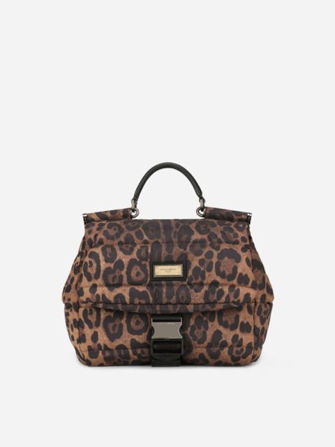 Dolce & Gabbana Medium Travel Bag in Leopard-Print Crespo with Branded Plate - Brown