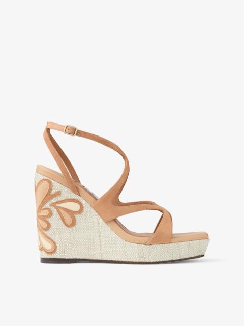 JIMMY CHOO Ayla 110 Toffee and Natural Mix Suede and Nappa Leather Wedges with Fine Raffia