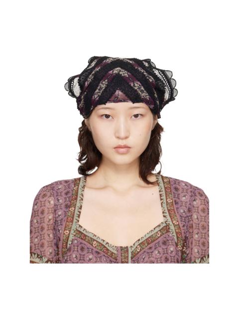 ANNA SUI Black & Purple Cameo Stripe Print Headscarf
