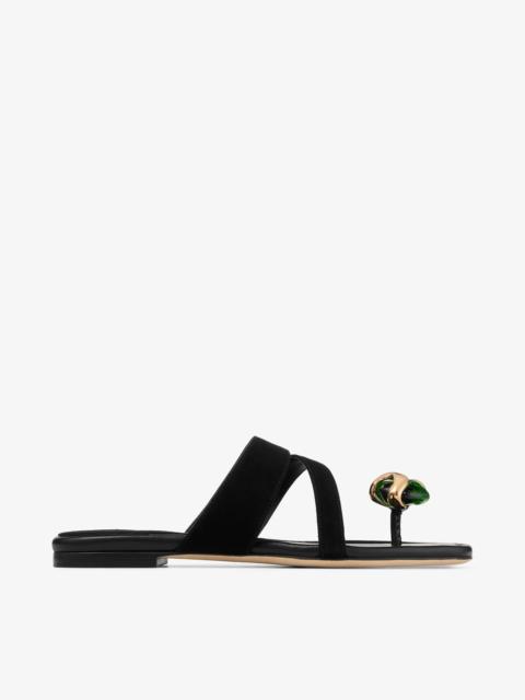 JIMMY CHOO Emeri Stone Flat Black and Clover Suede Flat Sandals