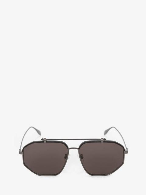 Alexander McQueen Top Piercing Leather Sunglasses in Ruthenium