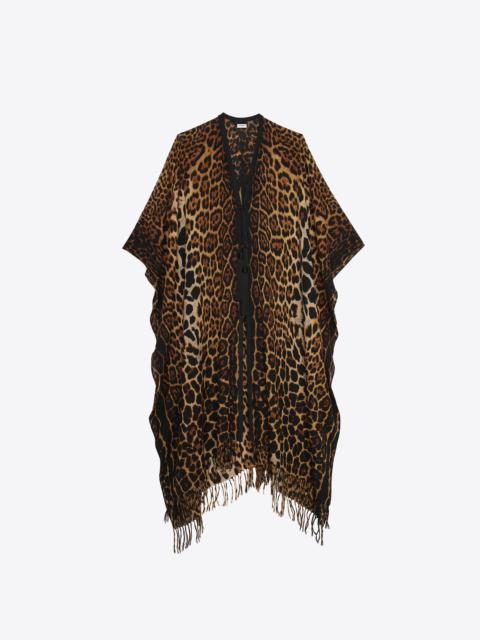 SAINT LAURENT fringed leopard-print poncho in wool canvas