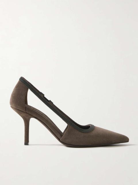 Brunello Cucinelli Cutout bead-embellished suede pumps