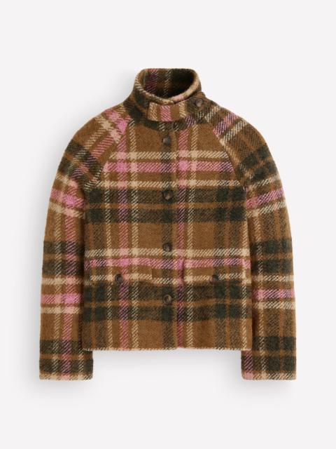 BODEN Short Funnel Neck Wool Coat-Green and Pink Check