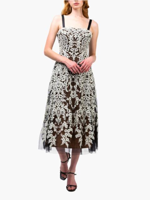 Marchesa MIRRORED LACE FLORAL MIDI DRESS