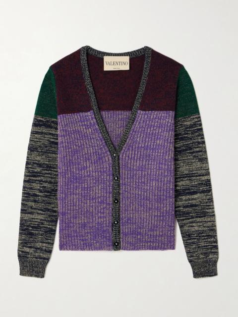 Valentino Color-block metallic ribbed wool-blend cardigan Purple