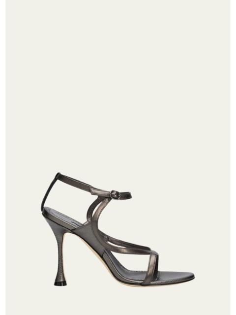 Manolo Blahnik 105mm Tibula Metallic Leather Ankle-Strap Sandals