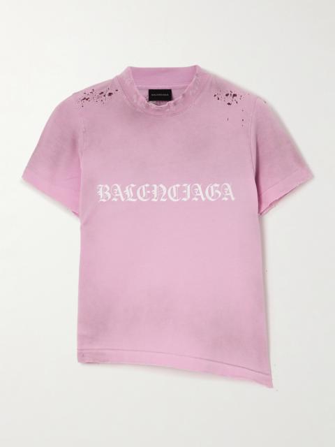 BALENCIAGA Cropped Distressed Logo-print Stretch-cotton Jersey T-shirt
