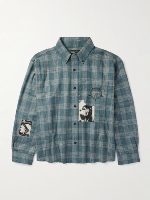 Enfants Riches Déprimés Button-Down Collar Frayed Appliquéd Printed Wool and Silk-Blend Flannel Shirt Blue