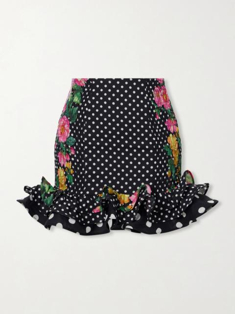 Charo Ruiz Alameda Shirred Ruffled Floral-print Polka-dot Cotton-blend Mini Skirt
