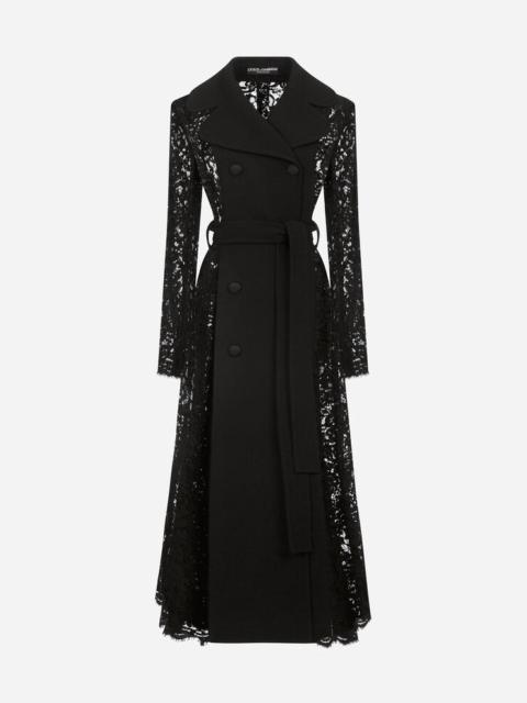 Belted double-breasted crepe and lace coat