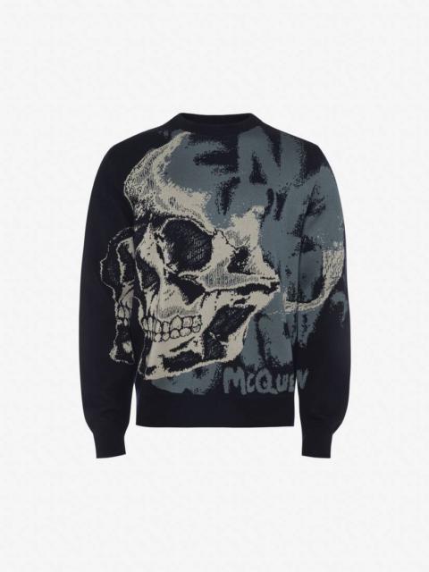 Alexander McQueen Men's Skull Graffiti Jumper in Navy