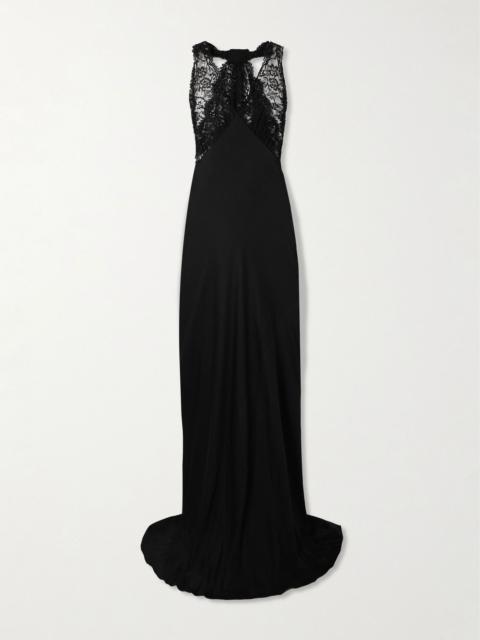 SAINT LAURENT Lace-trimmed silk-charmeuse halterneck gown Black