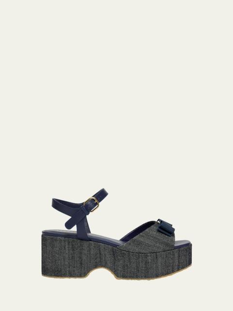 FERRAGAMO Selna Denim Bow Platform Sandals