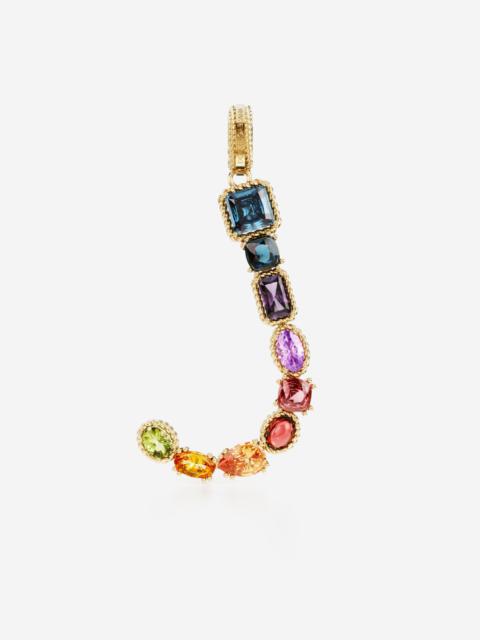 Rainbow alphabet J 18 kt yellow gold charm with multicolor fine gems